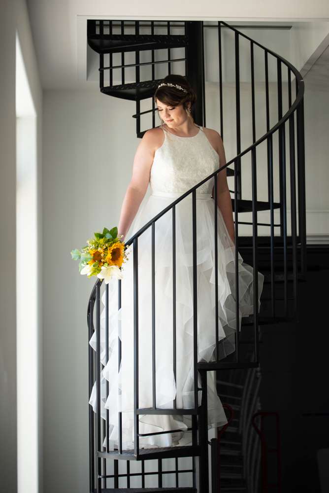 bridal portrait on spiral staircase